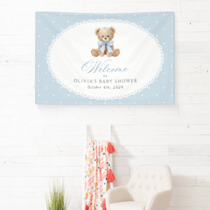 Bear, Bow, Blue Polka Dots, Baby Shower Welcome Banner