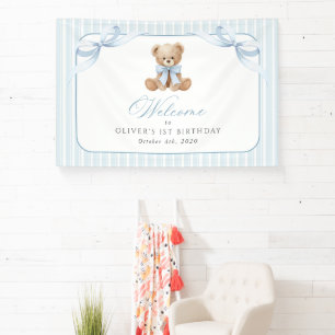 Bear, Bow, Blue Stripes, First Birthday Welcome Banner