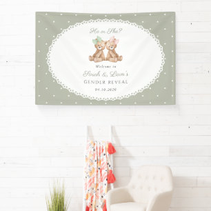 Bear, Bow, Green Polka Dots, Gender Reveal Welcome Banner