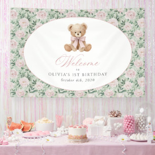 Bear, Bow, Pink Flowers, First Birthday Welcome Banner