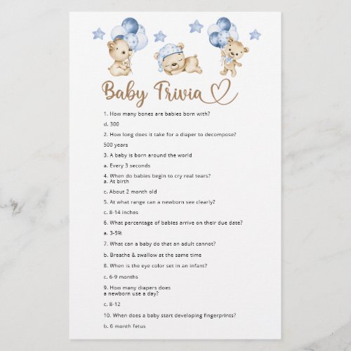 Bear boy baby shower Baby Trivia 