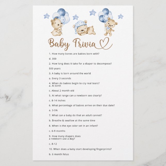 Bear boy baby shower Baby Trivia  (Back)