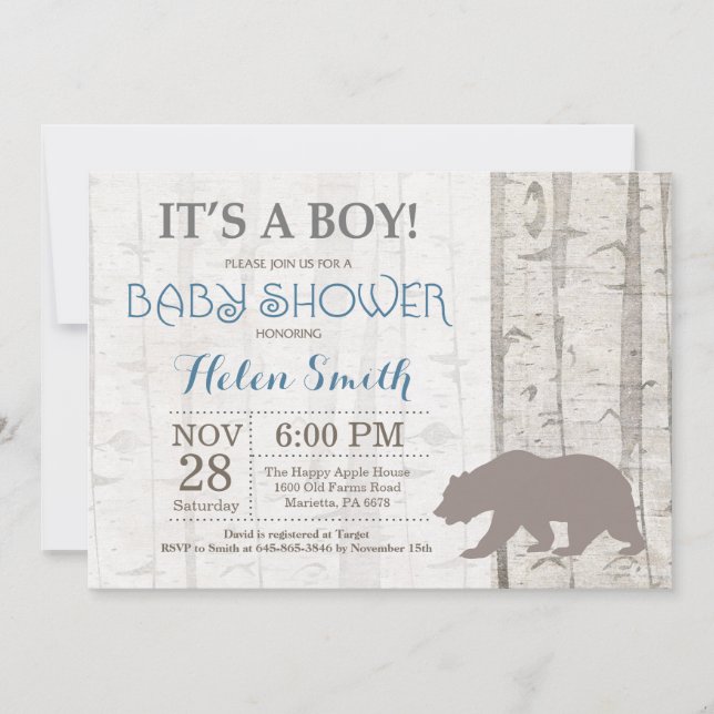 Bear Boy Baby Shower Invitation Rustic Woodland (Front)