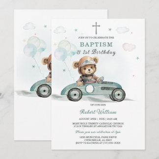 Bear Boy First Birthday and Baptism Invitation