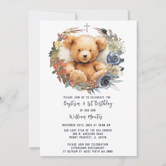 Bear Boy First Birthday and Baptism  Invitation (Front)