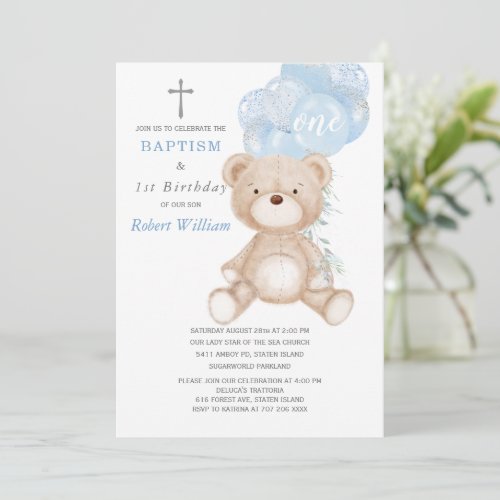 Bear Boy First Birthday and Baptism Invitation