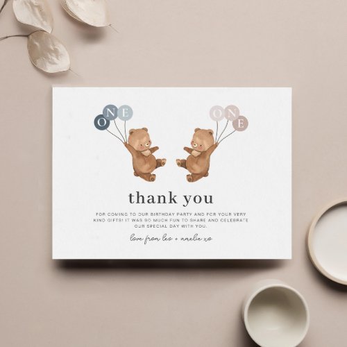 Bear Boy Girl Twins _ 1st Birthday Thank You Card