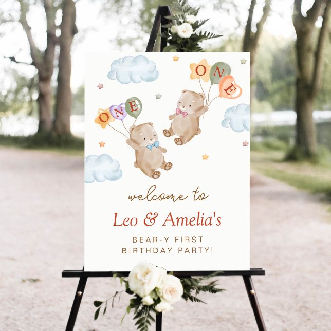 Bear Boy Girl Twins - 1st Birthday Welcome Sign (Creator Uploaded)