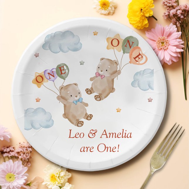 Bear Boy Girl Twins - First Birthday Party Paper Plates (Creator Uploaded)