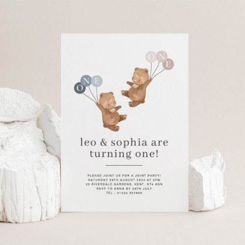 Bear Boy Girl Twins Joint 1st Birthday Invitation