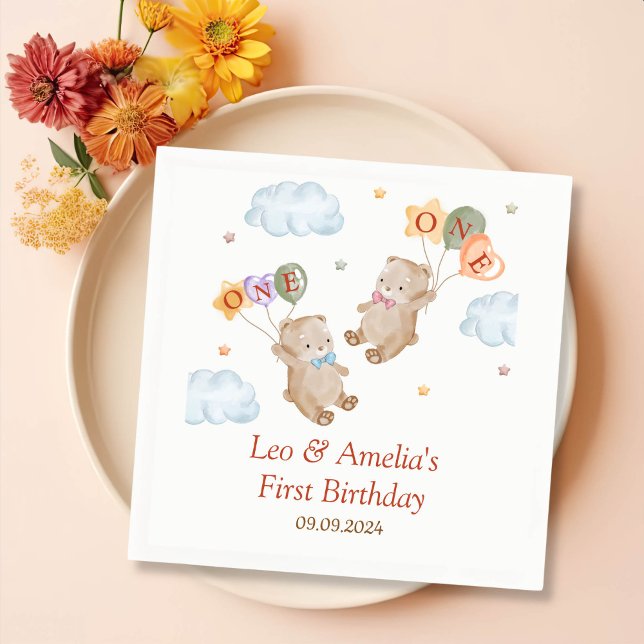 Bear Boy Girl Twins - Joint 1st Birthday Napkins (Creator Uploaded)
