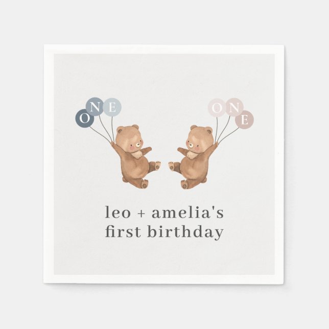 Bear Boy Girl Twins - Joint 1st Birthday Napkins (Front)