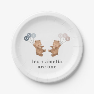 Bear Boy Girl Twins - Joint 1st Birthday Paper Plates