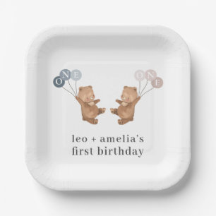 Bear Boy Girl Twins - Joint 1st Birthday Paper Plates