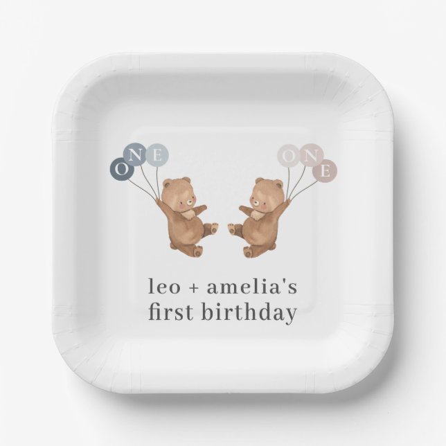 Bear Boy Girl Twins - Joint 1st Birthday Paper Plates (Front)