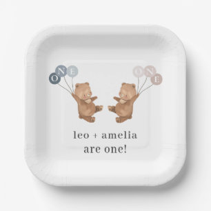 Bear Boy Girl Twins - Joint 1st Birthday Paper Plates