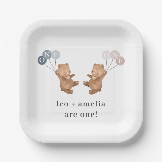 Bear Boy Girl Twins - Joint 1st Birthday Paper Plates (Front)
