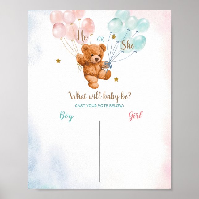 Bear Boy or Girl Voting Board Gender Reveal party Poster (Front)