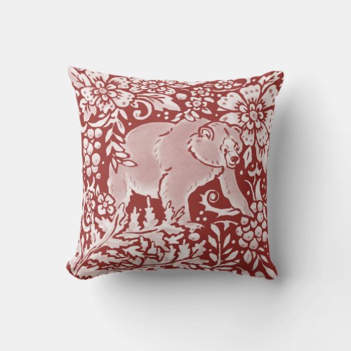 Bear Brick Red Woodland Animal Floral Damask Throw Pillow