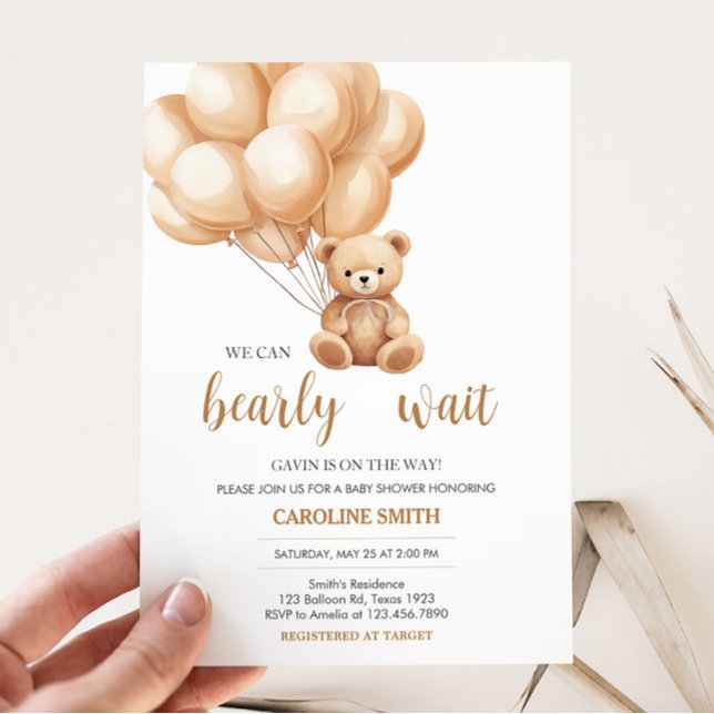 Bear Brown Balloon Baby Shower  Invitation (We Can Bearly Wait Baby Shower Invitation)