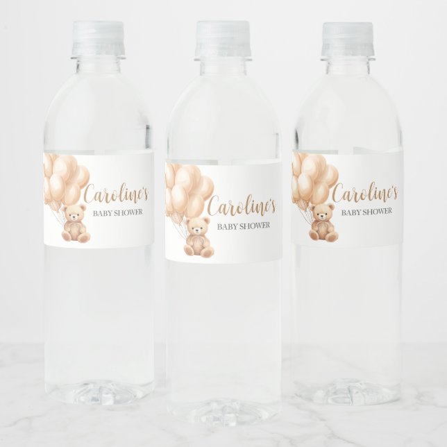 Bear Brown Balloon Baby Shower  Water Bottle Label (Bottles)