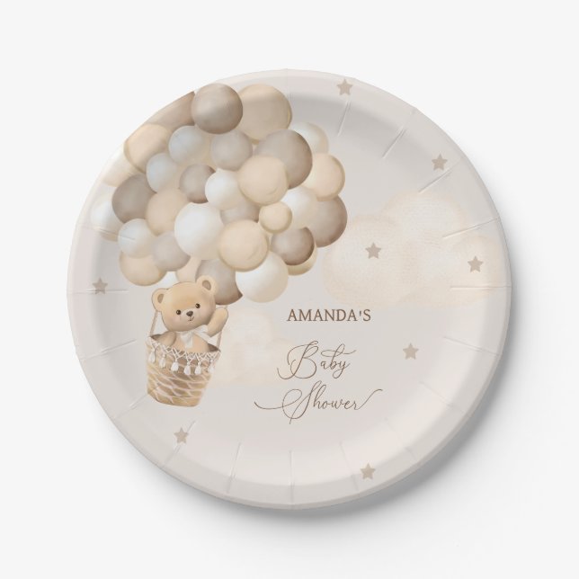 Bear Brown Balloons Baby Shower  Paper Plates (Front)