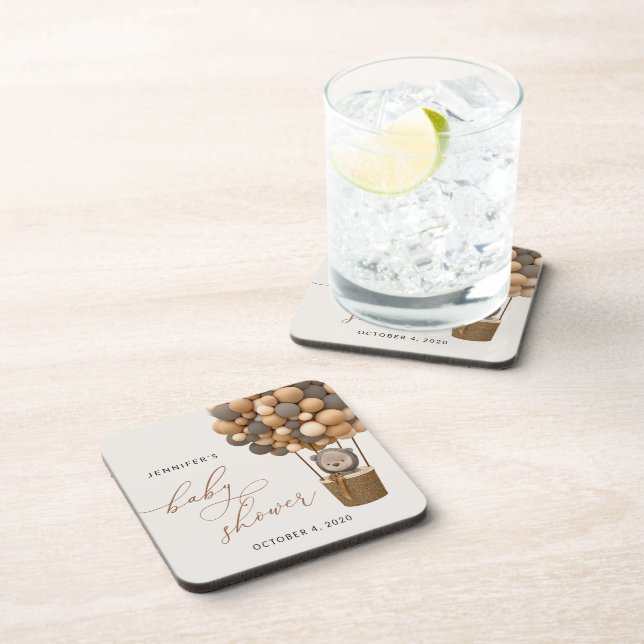 Bear, Brown Balloons, Hot Air Balloon, Baby Shower Beverage Coaster (Right Side)