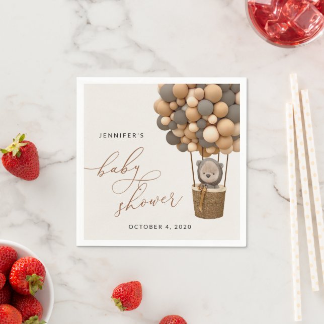 Bear, Brown Balloons, Hot Air Balloon, Baby Shower Napkins (Insitu)