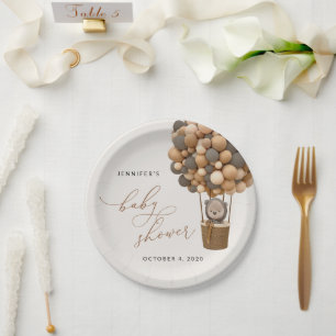 Bear, Brown Balloons, Hot Air Balloon, Baby Shower Paper Plates