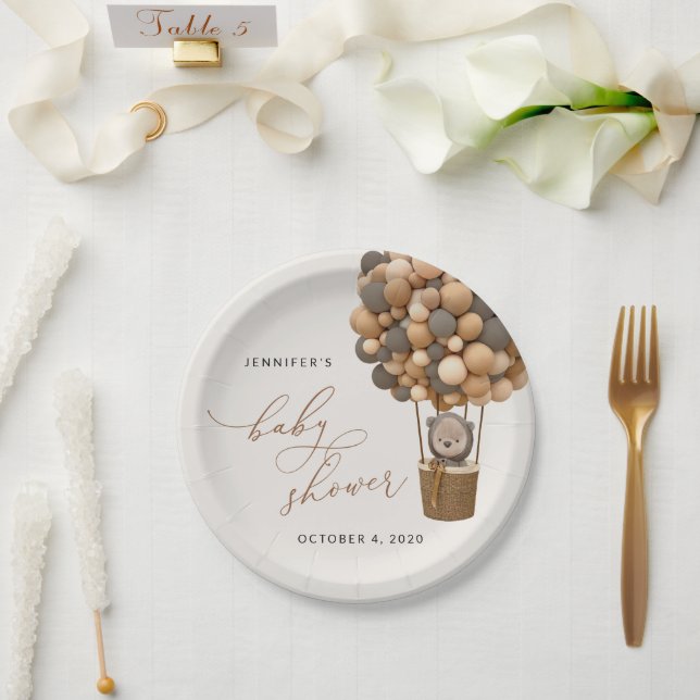 Bear, Brown Balloons, Hot Air Balloon, Baby Shower Paper Plates (Wedding)