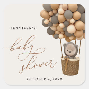 Bear, Brown Balloons, Hot Air Balloon, Baby Shower Square Sticker