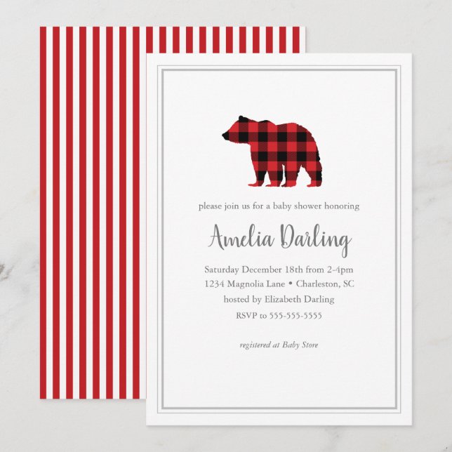 Bear Buffalo Check Baby Shower Invitation (Front/Back)