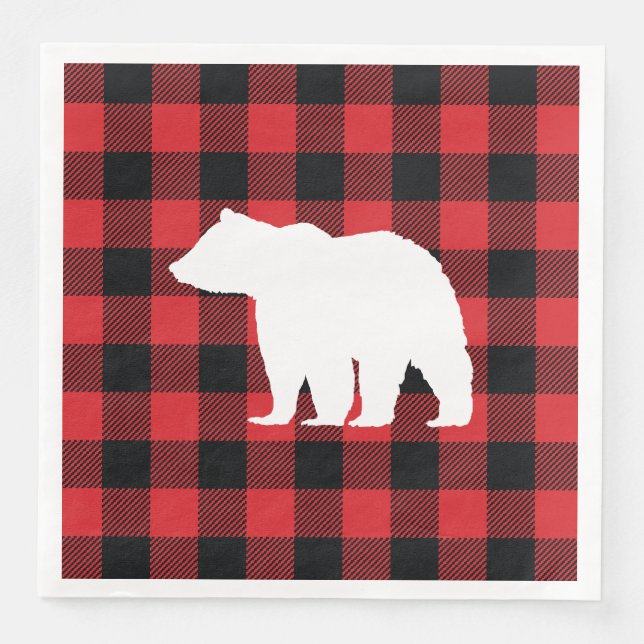 Bear Buffalo Check Red and Black Holiday Paper Dinner Napkins (Front)