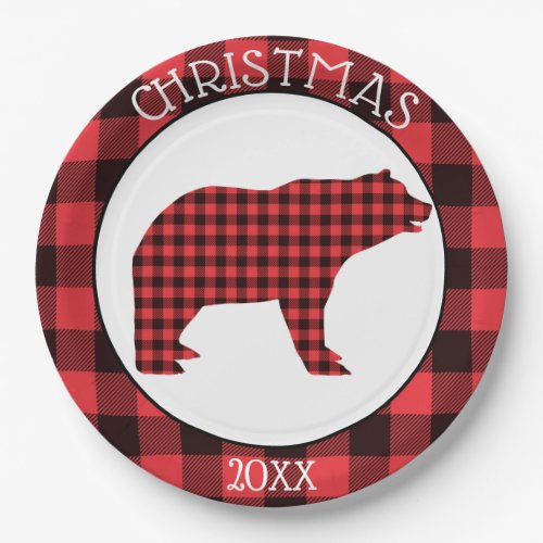 Bear Buffalo Plaid Christmas Paper Plates