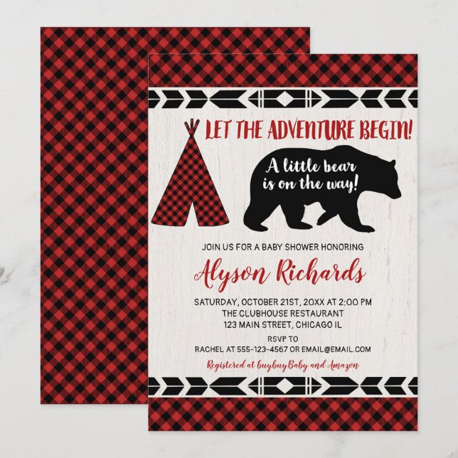 Bear buffalo plaid lumberjack boy baby shower invitation (Front/Back)