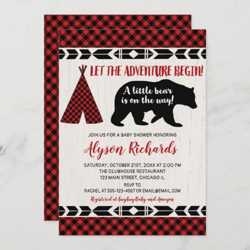 Bear buffalo plaid lumberjack boy baby shower invitation