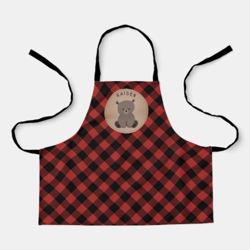 Bear Buffalo Plaid Pattern Red and Black Kids Apron