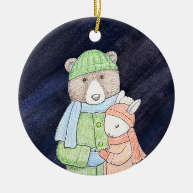 Bear & Bunny Couple Christmas together Custom Name Ceramic Ornament (Front)
