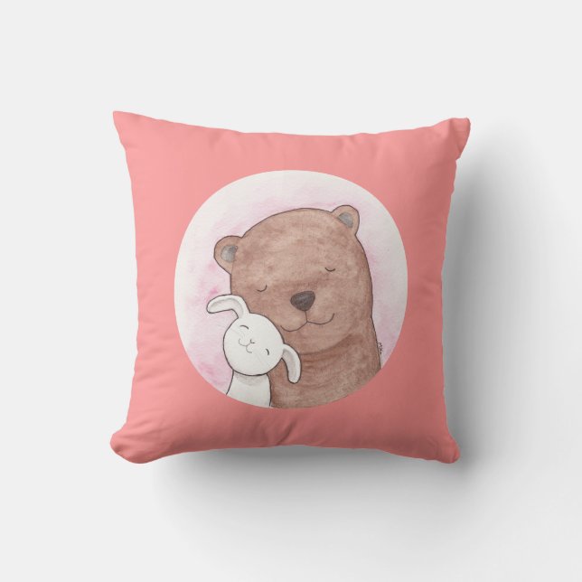 Bear & Bunny Happy Home Throw Pillow for Couch (Front)