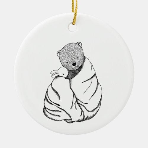 Bear  bunny in a blanket Couple First Chrismtas Ceramic Ornament