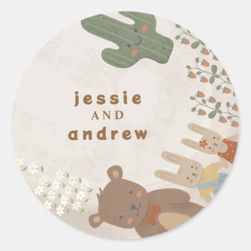 bear bunny lion cactus woodland unisex Baby Shower Classic Round Sticker
