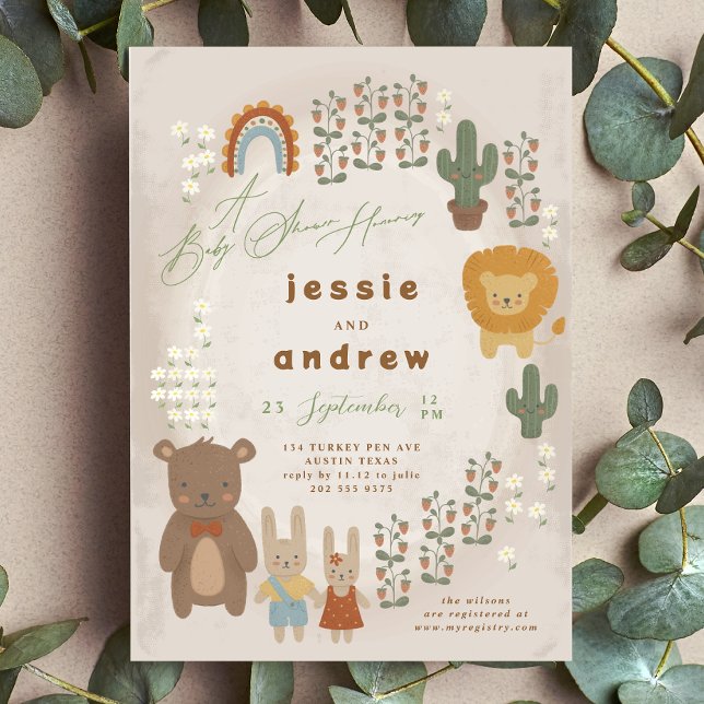 bear bunny lion cactus woodland unisex Baby Shower Invitation (Creator Uploaded)