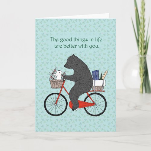 Bear  Bunny on Bicycle going to picnic cute love Card