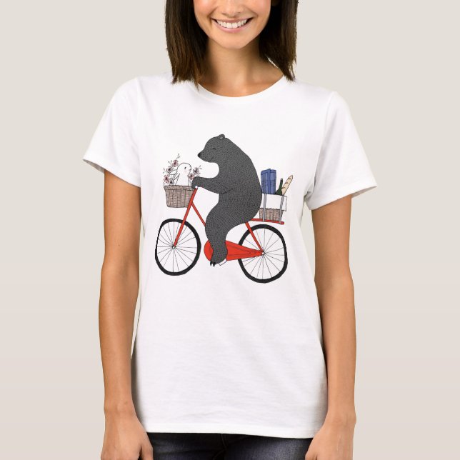 Bear & Bunny on Bicycle going to picnic cute love T-Shirt (Front)
