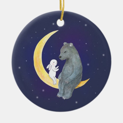 Bear  Bunny on the Moon Cute Couple Custom  Ceramic Ornament