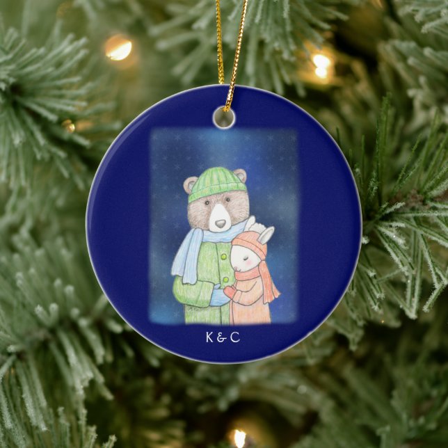 Bear & Bunny Sweet Rabbit and Bear Couple Custom  Ceramic Ornament (Tree)