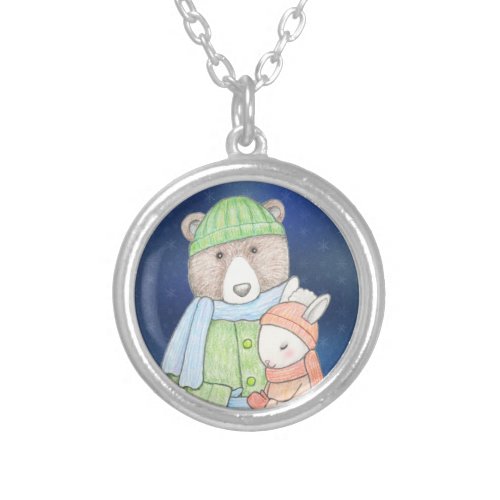 Bear  Bunny Winter Loving Happy Couple together  Silver Plated Necklace