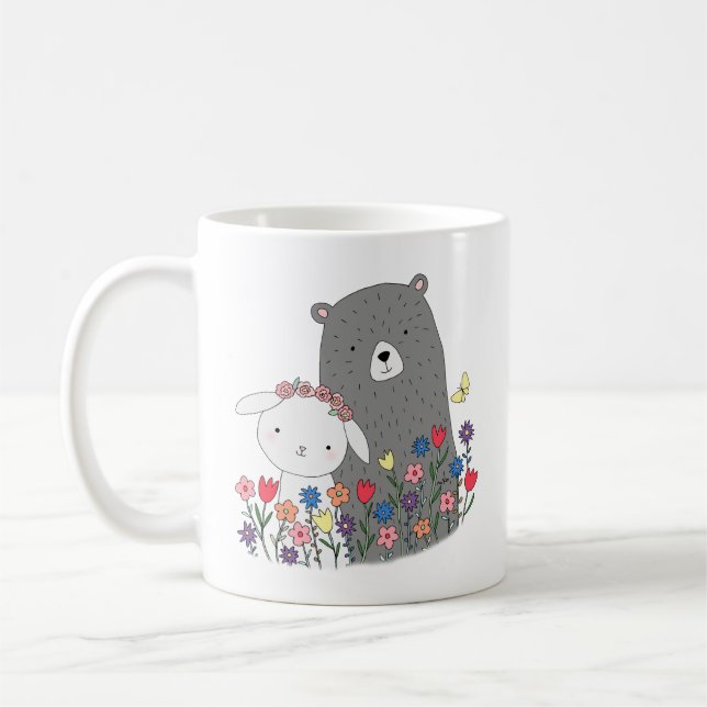 Bear & Bunny with Flowers Cute Couple Gift for Her Coffee Mug (Left)