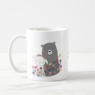Bear & Bunny with Flowers Cute Custom Name Coffee Mug