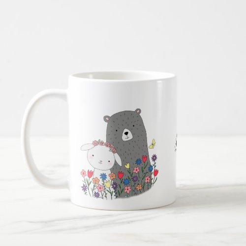 Bear  Bunny with Flowers Cute Custom Name Coffee Mug